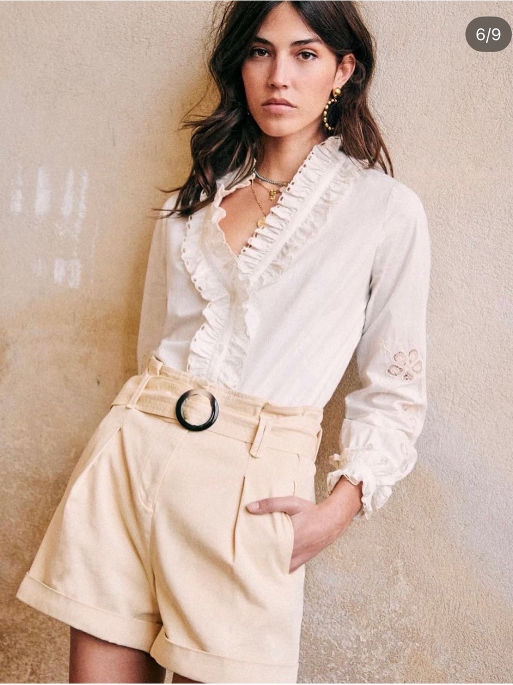 Sezane Kelly Cream Ruffled V-Neck Floral Sleeve Lace Blouse Sz 6